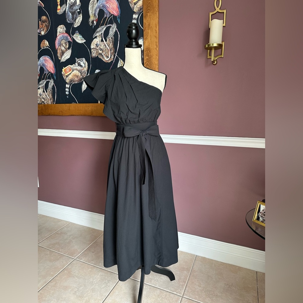 Madewell Ruffled One Shoulder Black Dress with Removable Tie Size 0